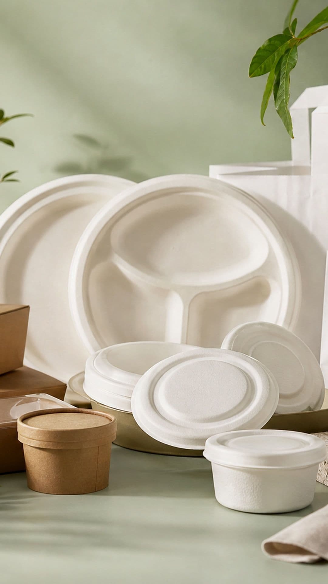 Natureblend eco packaging — plates, bowls, kraft boxes and bags with natural leaves